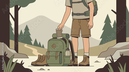 Embark on Adventure: An illustrated hiker stands amidst a picturesque landscape, preparing for a trek with his backpack and gear, envisioning the open trail ahead.