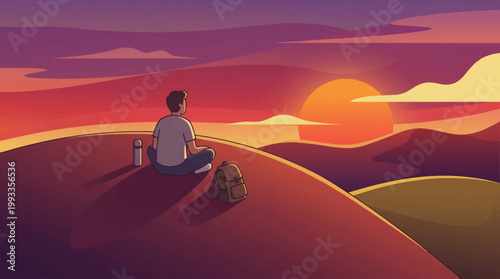 Sunset Serenity: A lone figure sits in quiet contemplation atop a sun-kissed hill, observing the vibrant colors of sunset, with the world's tranquility 