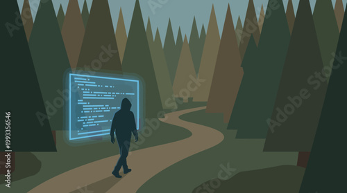 Digital Explorer's Path: A figure navigates a winding path through a forest of towering trees, their journey guided by a digital interface. The scene is a compelling blend of nature, technology.