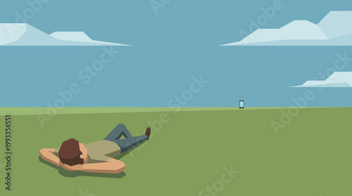 Daydreaming in the Vastness: A man lies back in serene contemplation on a grassy expanse, gazing at a distant digital screen under a sky adorned with gentle clouds.