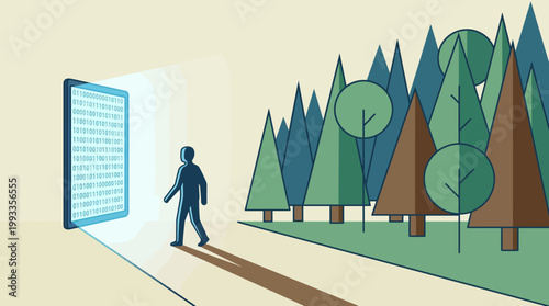 Digital Passage to Green: A silhouette figure embarks on a journey, stepping through a luminous digital portal towards the promise of a vibrant natural forest and ecological wellness.