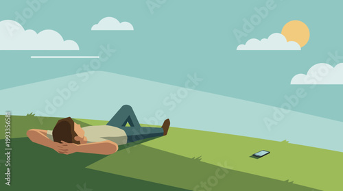 Tranquil Contemplation: A person relaxes peacefully atop a verdant hill, gazing at the sun and fluffy clouds, with a disconnected phone lying beside him.