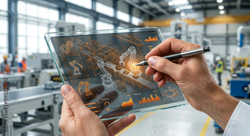 Manager monitors automated factory production line using transparent digital tablet in large industrial warehouse hall.