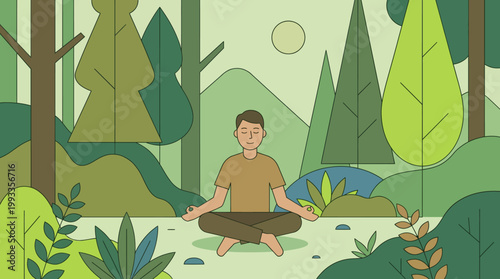 Serene Forest Meditation: A calm figure immersed in meditation, enveloped by the tranquility of a lush forest, connecting mind, body, and nature. 