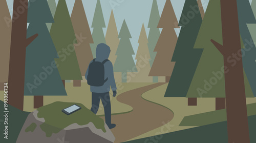 Lost in thought amidst nature's embrace: A lone figure, lost in thought, walks a winding path, a misplaced phone left forgotten on a moss-covered rock, symbolizing disconnection from technology.