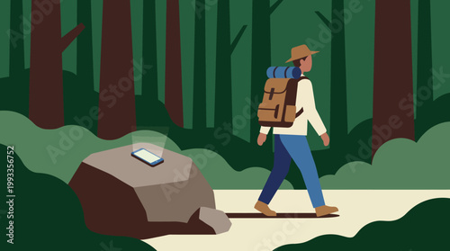 Nature Explorer's Path: A lone adventurer treks through the verdant forest. Embracing a simple existence with a backpack and a smartphone. Embodying serenity and technological disconnect.