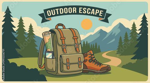 Outdoor Escape: A stylized illustration presents a call for adventure, with a hiker's pack and boot ready for exploration in the scenic environment. inviting viewers to immerse themselves in nature.