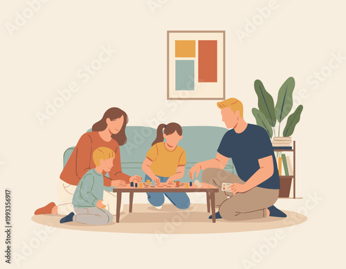 vector illustration of a multicultural family spending time together at home