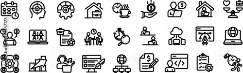 Freelance Web Icon Set in Linear Style. Editable stroke. Collection of remote work, line icons, including working from home, freelancer, laptop, meeting, business, online job, home office and more.