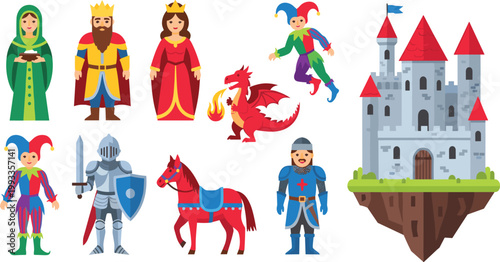 Medieval Fantasy Scene Set Featuring King Queen Knight Jester Dragon Horse and Castle for Fairy Tale and RPG Illustration Design.