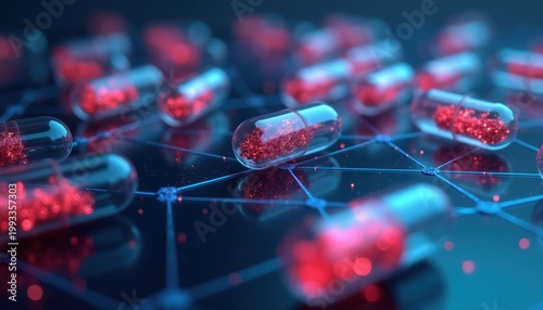 Transparent capsules with red particles rest on a glowing blue network. Medical research and pharmaceutical science abstract. Future drug delivery system concept.