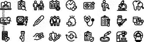 Health checkup Web Icon Set in Linear Style. Editable stroke. Collection of medical check up, line icons, including healthcare, diagnosis, hospital, stethoscope, tests, health insurance, patient.