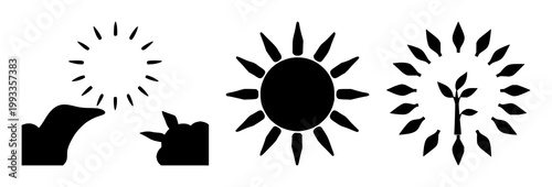 Solid black icon, white background: renewable energy sun icon set with simple line art design featuring line art, illustrations, graphic resources with vector and design elements