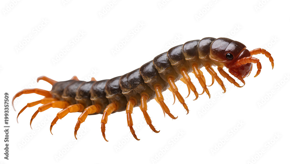 Fototapeta premium Dark brown Centipede with orange legs and antennae close-up