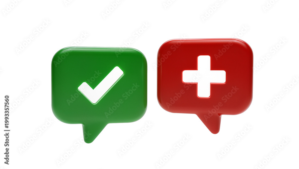 Obraz premium Green checkmark and red plus sign speech bubbles