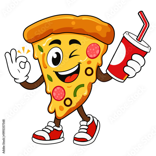 A vector cheerful pizza mascot with playful charm, ideal for restaurant branding, menus, packaging, posters, social media ads, and promotions campaigns.