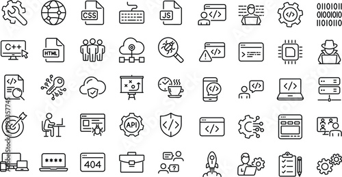 Programming coding set of web icons in line style. Editable Stroke. Software development icons for web and mobile app. Code, programmer, developer, information technology, coder and more. 