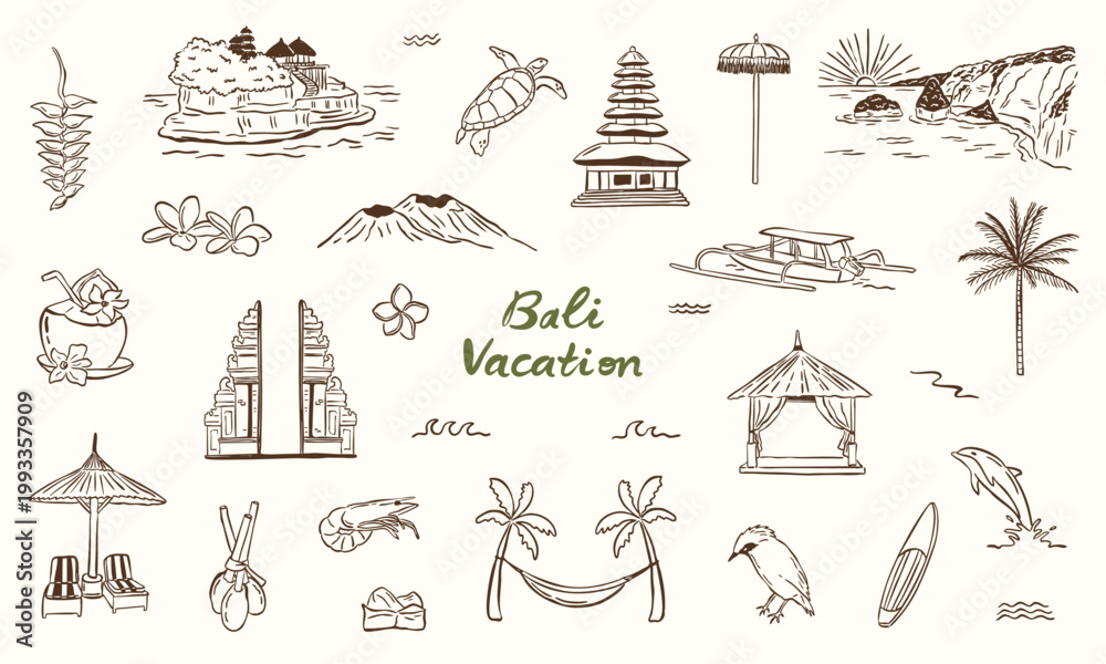 © gurlinthetri - summer vibes vacation travel Bali doodle hand drawing sketch elements collection set