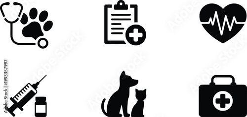 Stethoscope with paw print, medical record, heartbeat, syringe, pets, and first aid kit icons