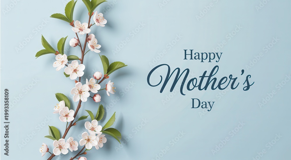 Fototapeta premium Happy mothers day greeting card with white flowers on light blue background