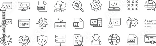 Programming coding set of web icons in line style. Editable Stroke. Software development icons for web and mobile app. 