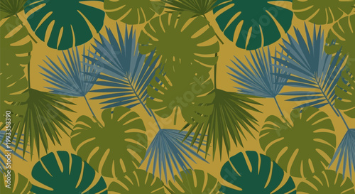 Tropical leaves pattern with vibrant green and blue foliage.