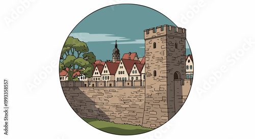 Medieval town with stone walls, a guard tower, and red-roofed buildings under a cloudy sky