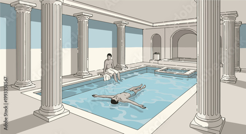 Men relax in a classical-style indoor pool with ornate columns and arched walls