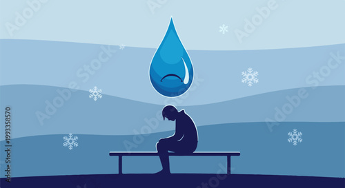 Melancholy blue droplet hangs over a silhouette of a person on a bench in a snowy, abstract landscape