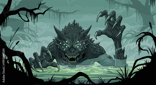 Menacing multi-eyed monster emerges from murky swamp waters with sharp claws extended