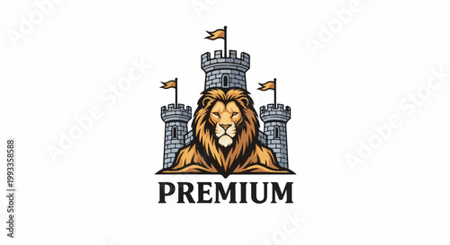 Majestic lion with mane, guarding a three-towered castle, flags fly