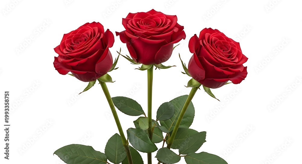 Fototapeta premium Three vibrant red roses in full bloom with fresh green leaves against white background