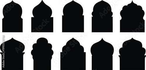 Ten black silhouette Islamic arch shapes showcasing traditional architectural styles for design