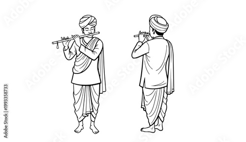Traditional Indian Musician Playing Flute in Cultural Attire, Line Art Illustration