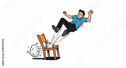 Man falling backwards as a chair breaks apart and emits smoke