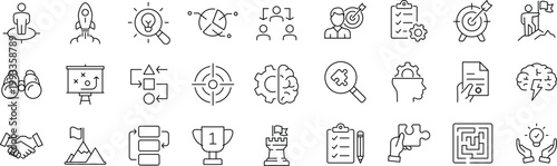 Business strategy set of web icons in line style. Editable stroke. Business solutions icons for web and mobile app. Action List, research, solution, team