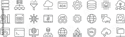 Web hosting set of web icons in line style. Editable Stroke. Hosting and cloud computing icons for web and mobile app. Containing webspace, data