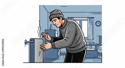 Man in beanie and sweater warming hands by radiator in dimly lit room