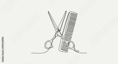 Minimalist continuous line art of scissors and comb, symbolizing hairstyling and grooming