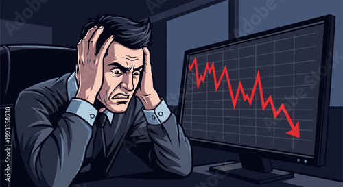 Man in distress looks at a monitor displaying a sharply declining graph