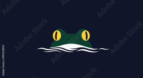 Minimalist dark background featuring a green frog's head and yellow eyes emerging from white water