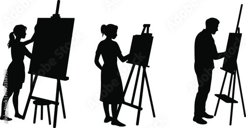 Three black silhouettes of artists painting on easels depict creative activity and artistic passion