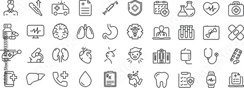 Medicine and health set of web icons in line style. Editable stroke. Medical icons for web and mobile app. Medicine and Health Care symbols.
