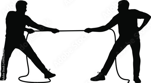 Two strong individuals engage in an intense tug of war competition with a rope on a white background