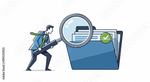 Man in suit examines a verified folder and documents with a magnifying glass