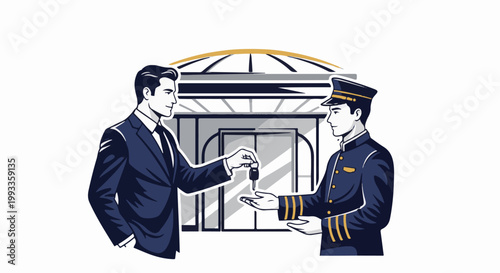 Man in suit hands key to uniformed attendant in front of elegant building entrance