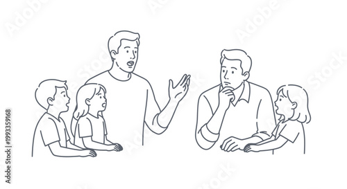 Two adult men and two children engaged in a conversation.