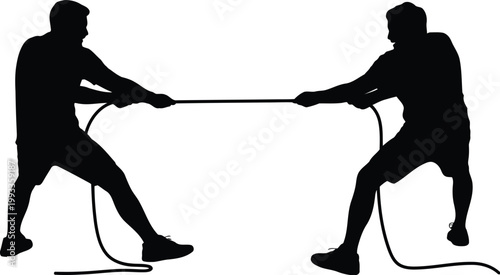 Two strong male silhouettes engaged in an intense tug of war competition with a long rope