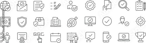 Check mark set of web icons in line style. Editable Stroke. Approve icons for web and mobile app. Approve, check marks, ticks, inspector, quality check, approved icons and more. Vector illustration