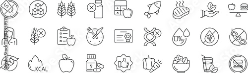 Healthy Food set of web icons in line style. Editable stroke. Nutrition linear icon collection. 